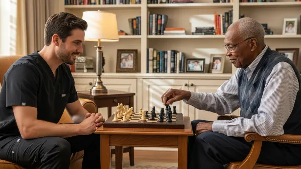 An EagleWings caregiver plays chess with an elderly gentleman in a Guilford home library.