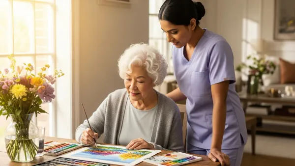 A senior works on a creative project at home while her EagleWings caregiver assists with materials at the table.