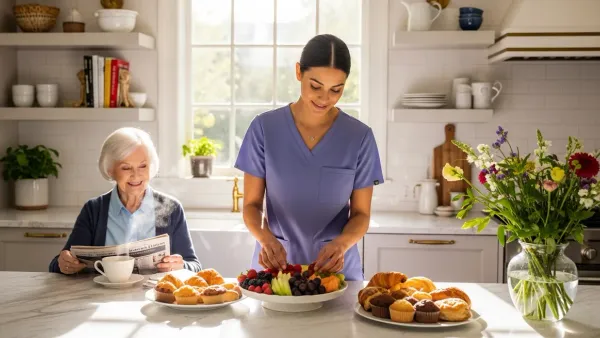 An EagleWings caregiver prepares a quiet morning breakfast in a sunlit Baltimore kitchen.