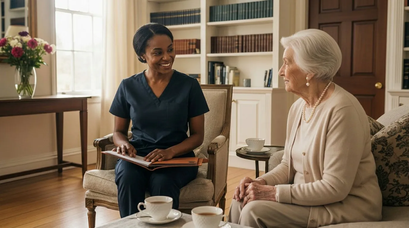 An EagleWings registered nurse seated with a senior client during an in-home meeting in a sunlit Roland Park living room — the introduction visit where the family meets the named caregiver and reviews the care plan.