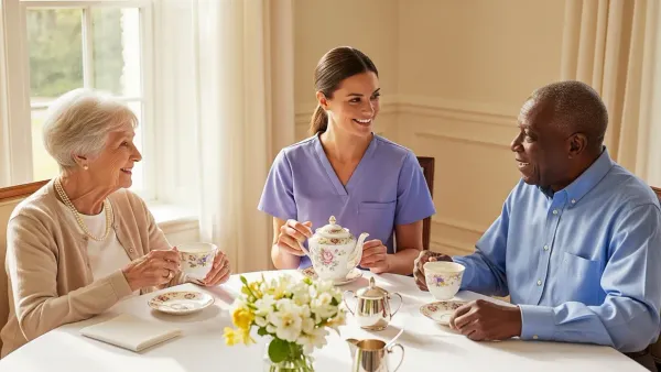 A caregiver pours tea from a floral teapot for two seniors at a formally set table in a Roland Park dining room.