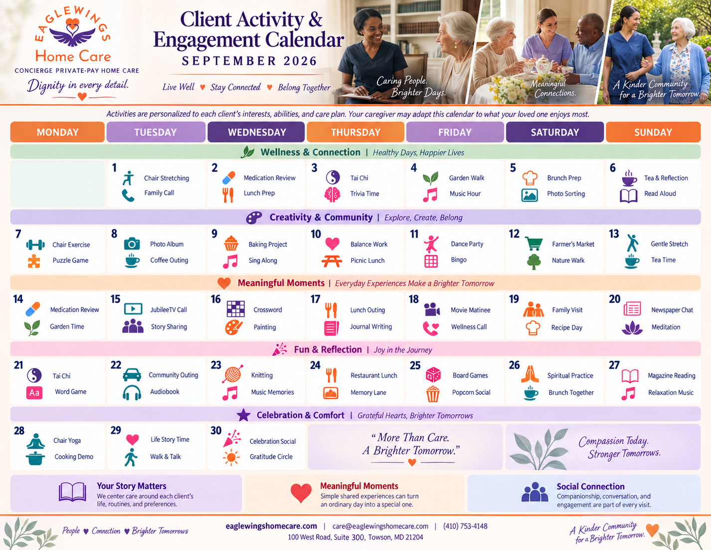 EagleWings September 2026 Client Activity and Engagement Calendar, a personalized month of daily themed activities for a home care client.